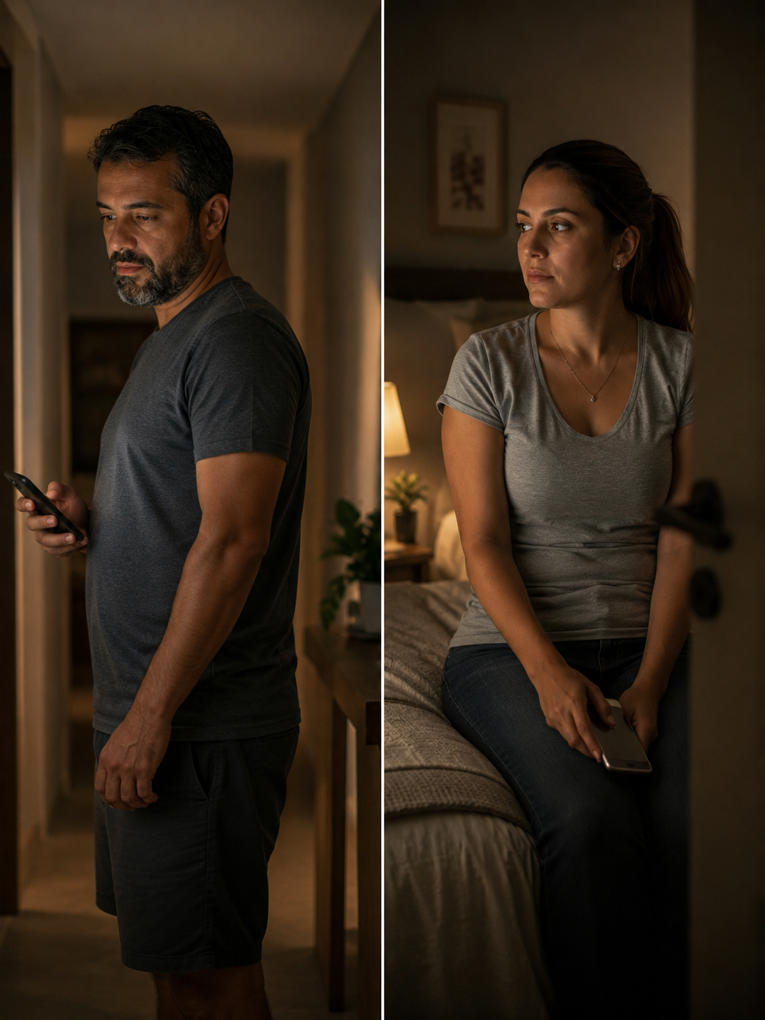 Duas pessoas pensativas com o celular, à noite em casa